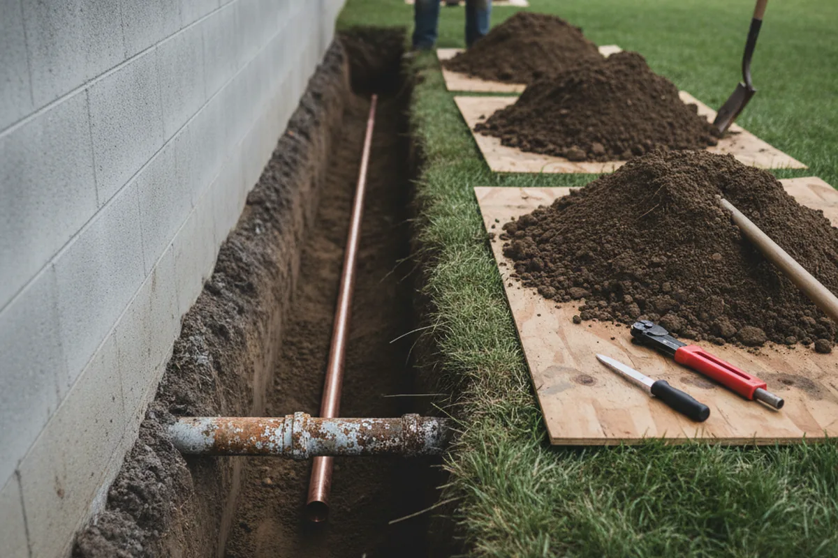 Excavated water line trench during Water Softener Installation in Slaton
